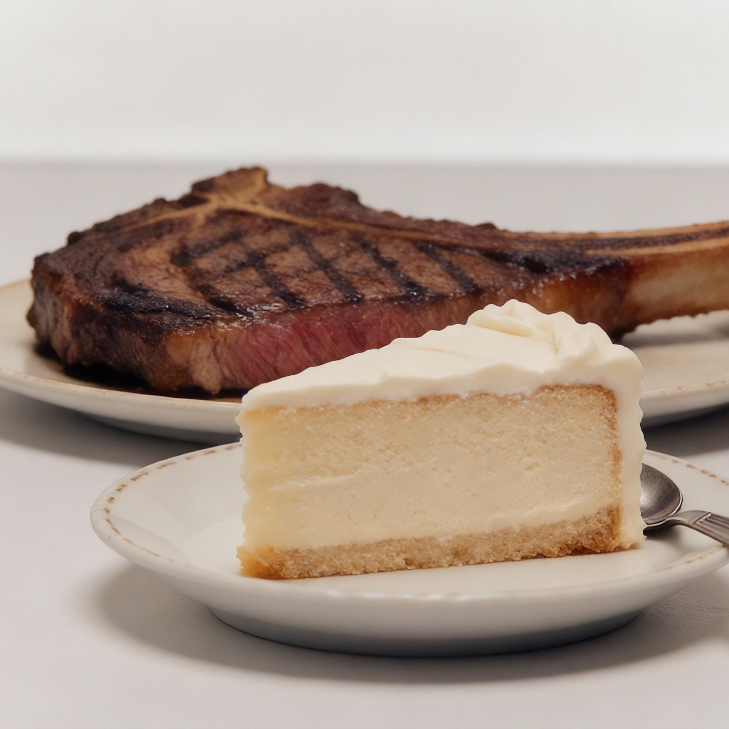 A steak and a slice of cake