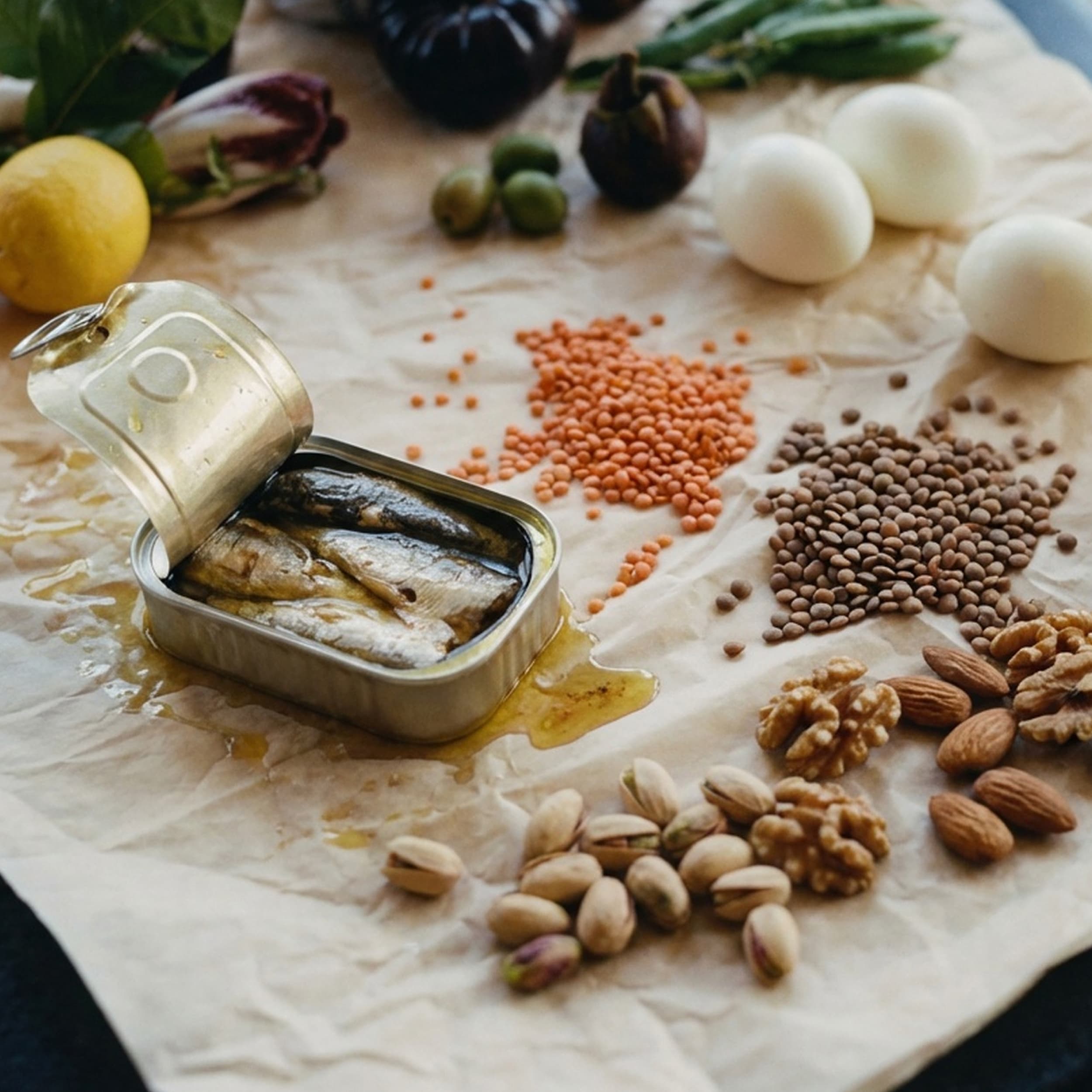 A tabletop filled with food